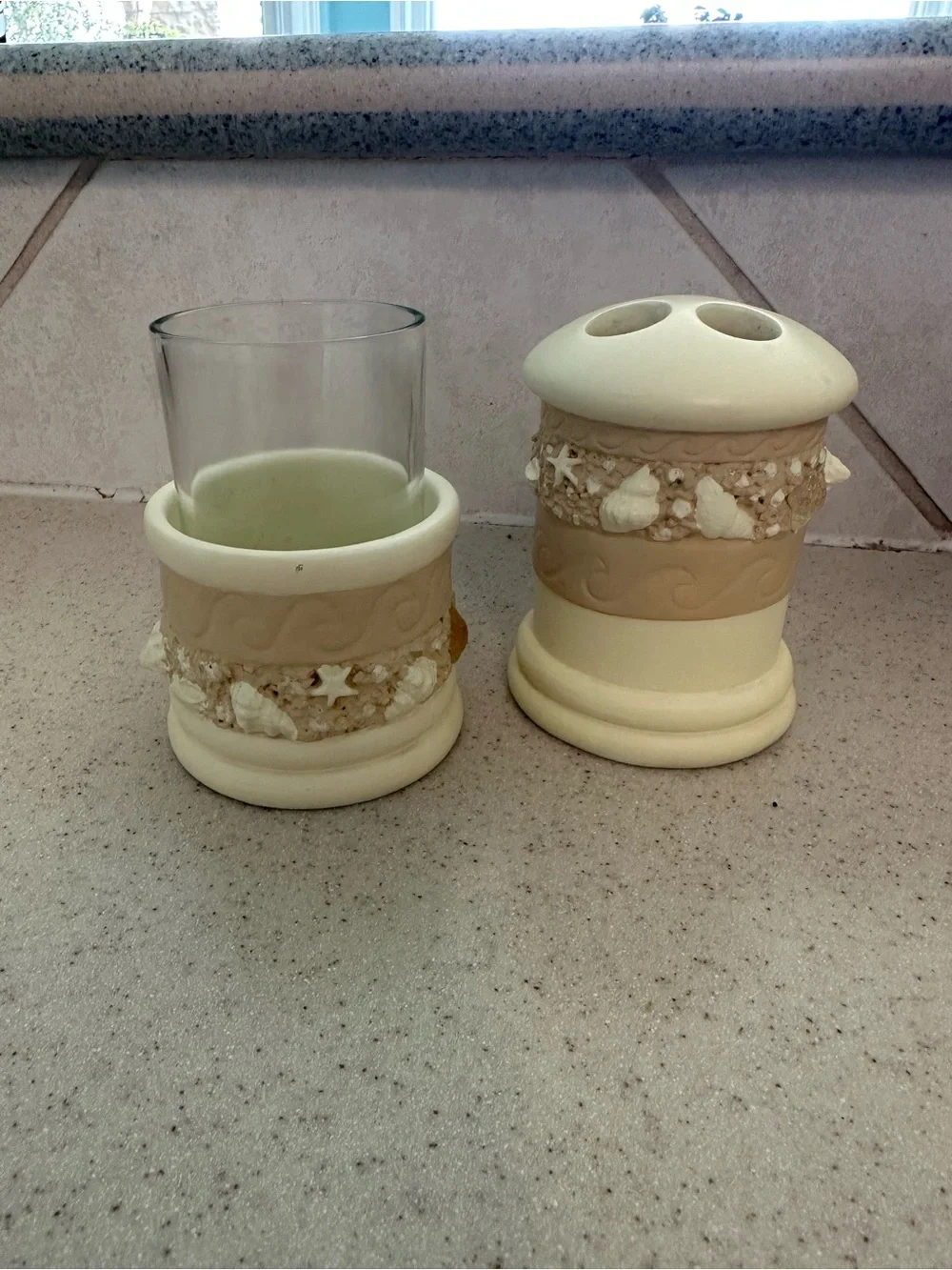 Neutral Beach Shell Accent Toothbrush Holder and Tumbler Set